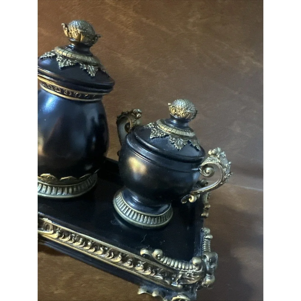 Hollywood Regency Resin Inkwell & Urn Vanity Tray 4pc Set Black Gold Decor